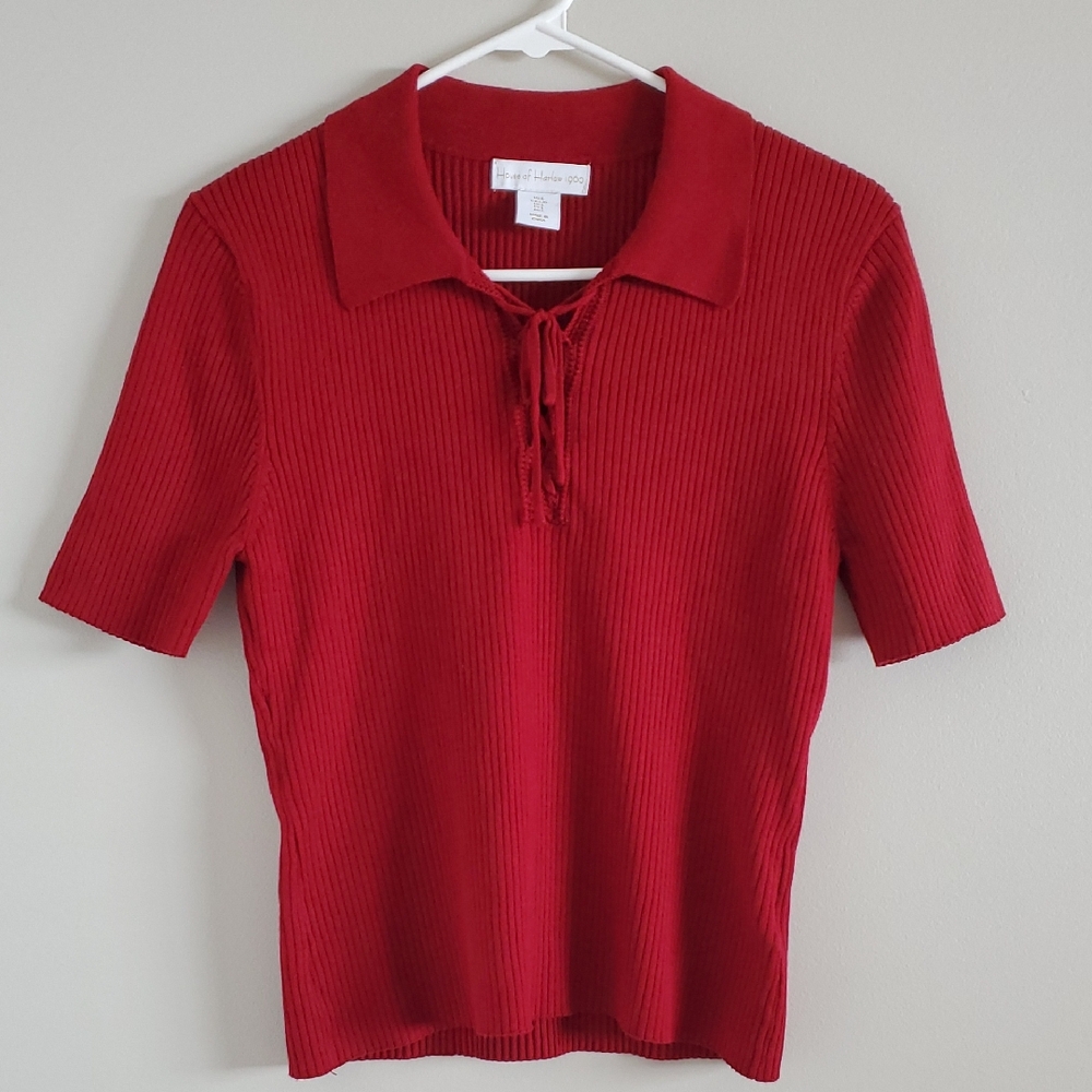 House Of Harlow 1960 Dark Red Ribbed Short-Sleeve Polo Top Lace-Up Neck Sz L M
